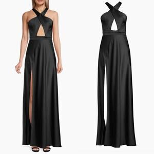 Katie May NWT Satin Halter Criss Cross Cut Out Gown Black Large Formal New Years